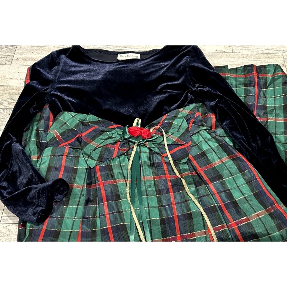 Rare Editions 90s Vintage Girls Blue Velvet Green Red Plaid Christmas Dress Sz 7